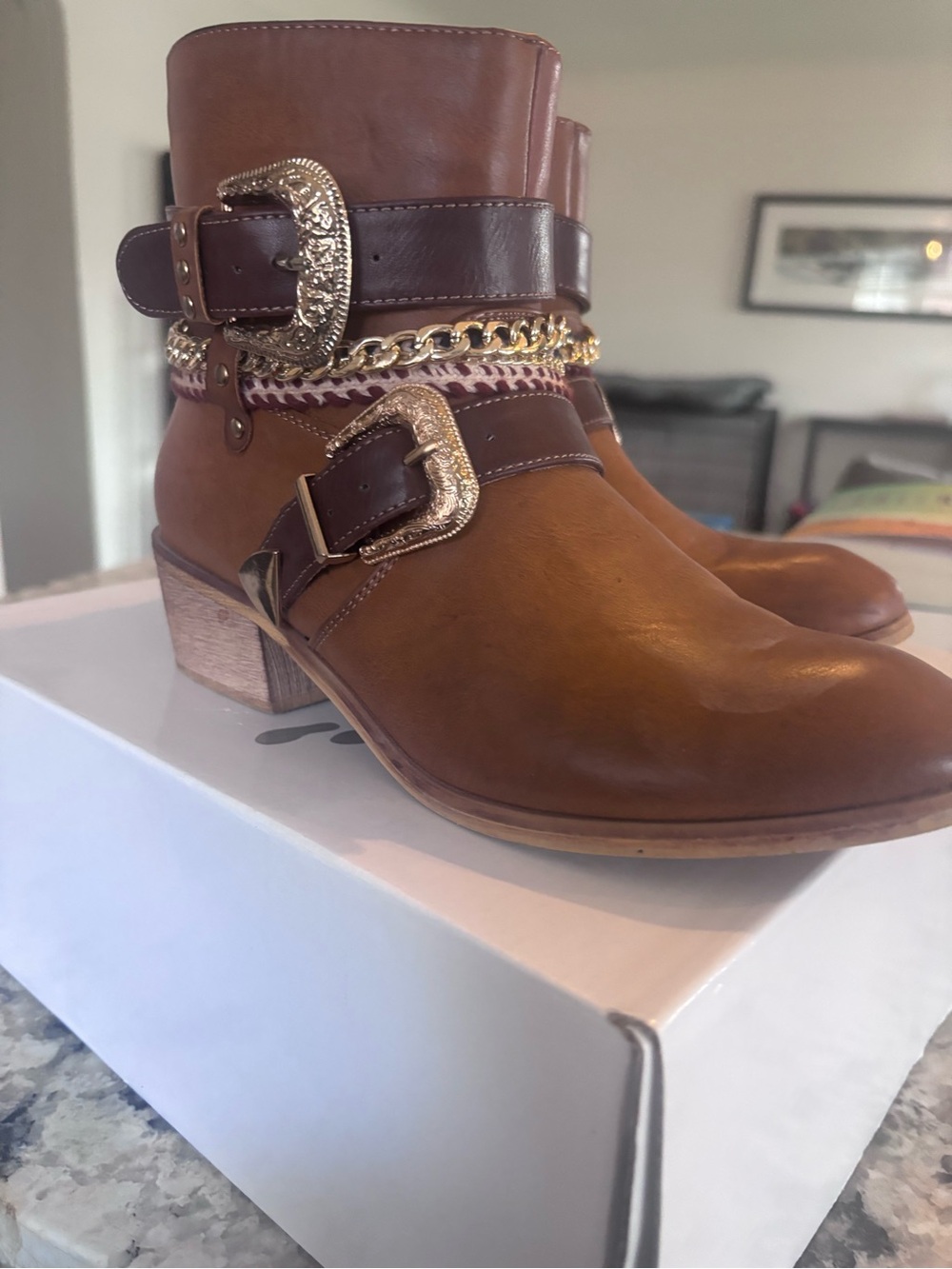 Olivia Miller Tan/Brown Leather Western-Style Ankle Boots with Gold Accents